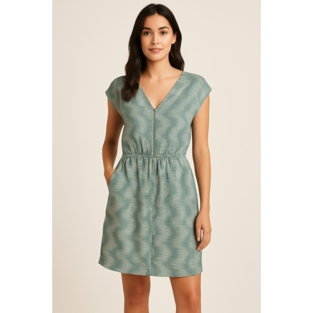 Needle & Thread Large‎ Green White Striped Dress | Zip Front Pocketed Casual